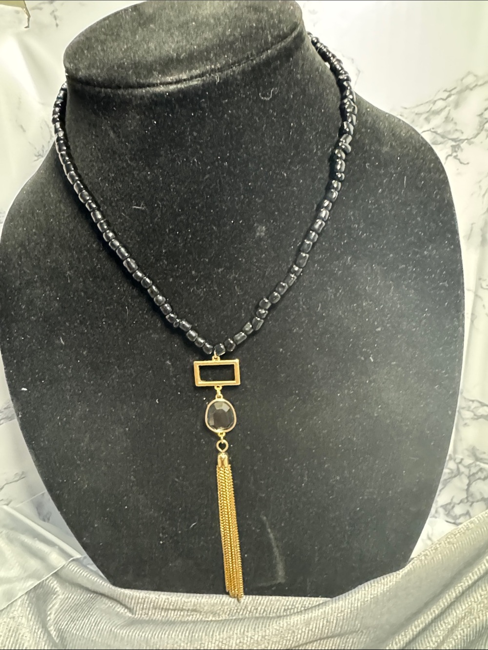 Laundry By Shelli Segal Black Bead Necklace with Gold Tassel